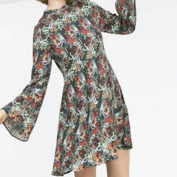 green skater dress zara Chic ZARA GREEN PAISLEY FLORAL PRINT SHORT SHIRT DRESS VOLUMINOUS SKATER RUFFLED HEM for Everyday